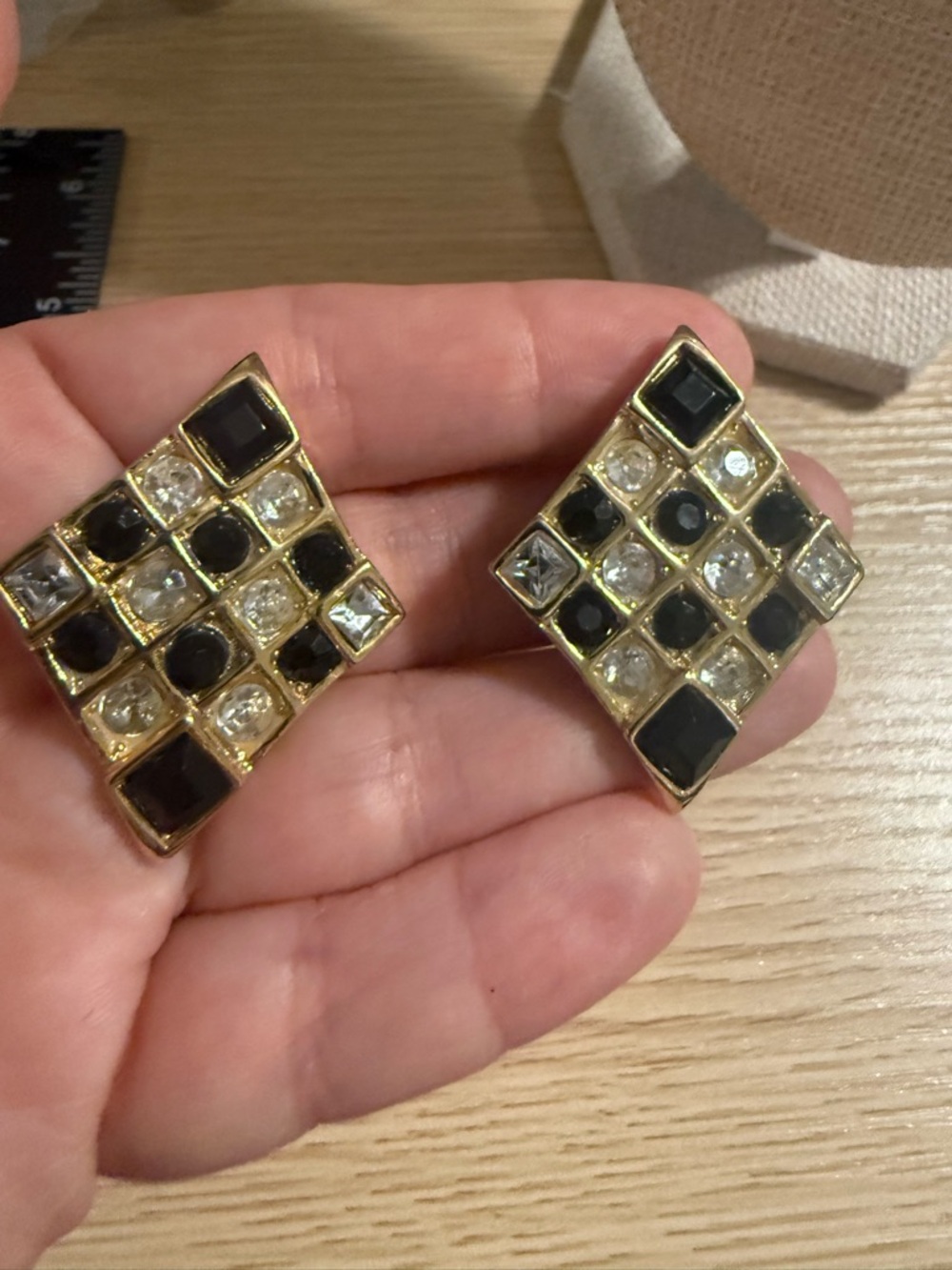 Gold-Tone Black and Clear Square Grid Stud Clip On Vintage Earrings